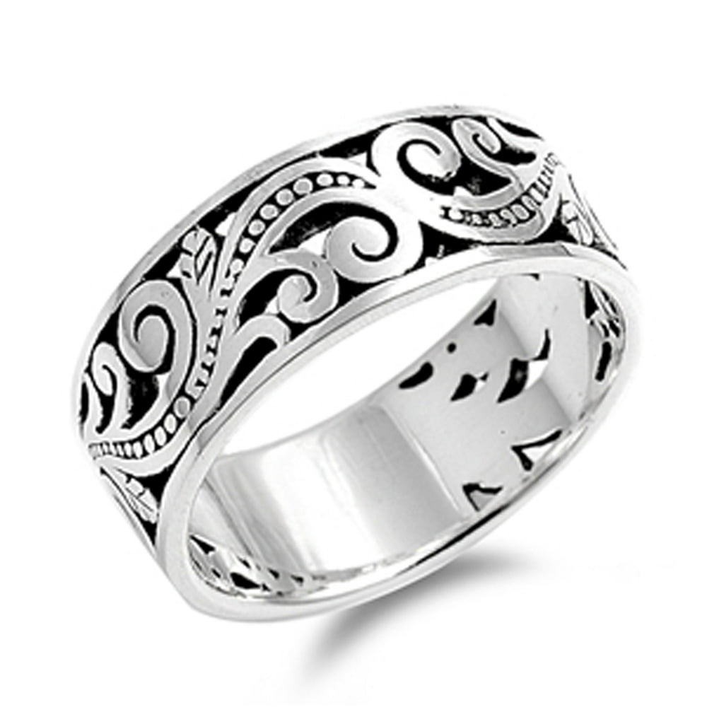 Sac Silver - Oxidized Filigree Floral Bali Bead Wide Ring ( Sizes 8 9 ...