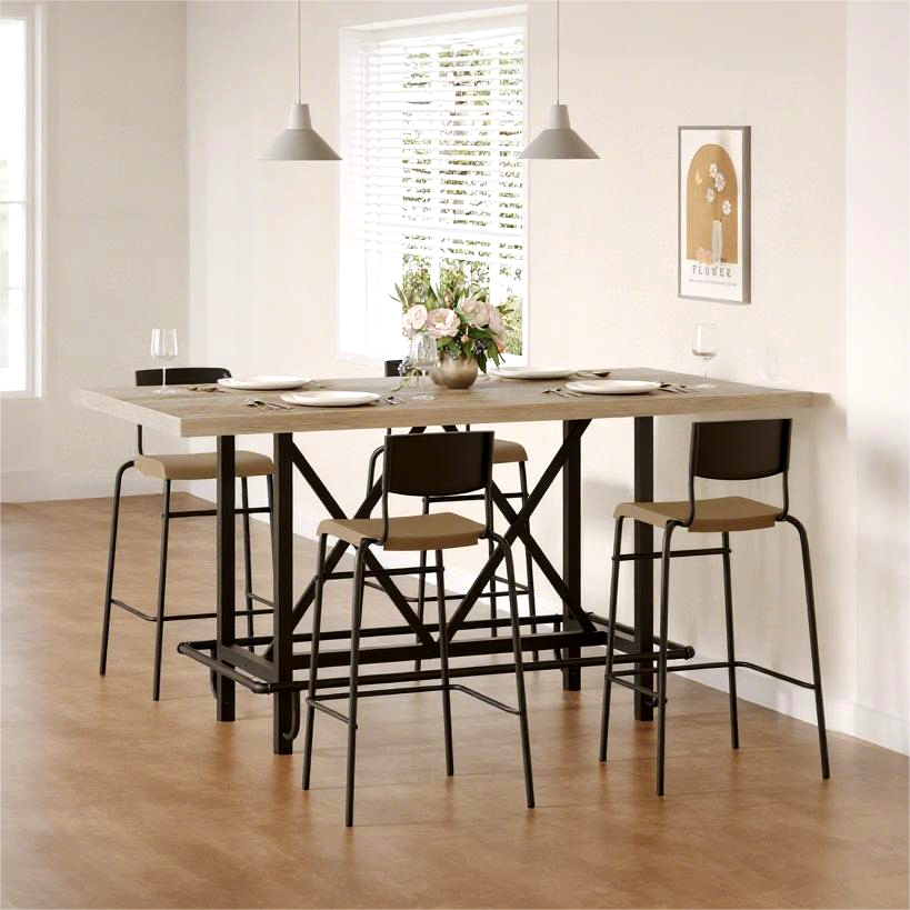 Fnova 35.4" Tall Dining Table, Rectangular Counter Height Kitchen Table with Metal Footrest for 6 People