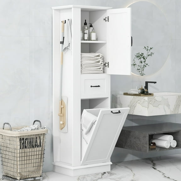 AENKYO 67.8" Tall Bathroom Storage Cabinet with Adjustable Shelf, Tilt-Out Drawer, and Side Hooks, White