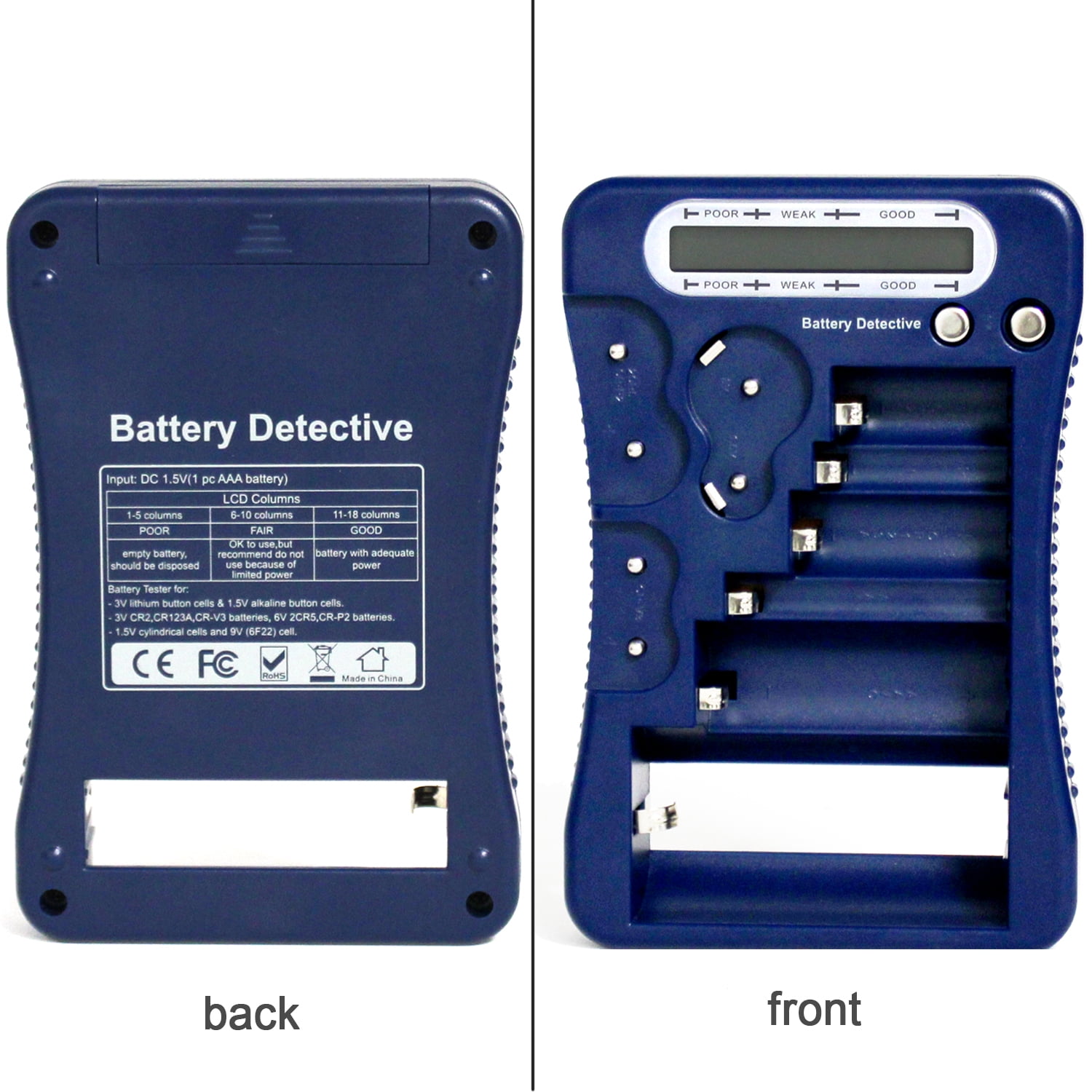 Battery Detective 12 Type Battery Tester (Blue) with LCD Display for Household Batteries AA AAA C D 9V CR2032 CR123A N/LR1 CR2 CR-V3 2CR5 CR-P2 1.5V/3V Button Cell Batteries +AAA Batteries (36-Pack)