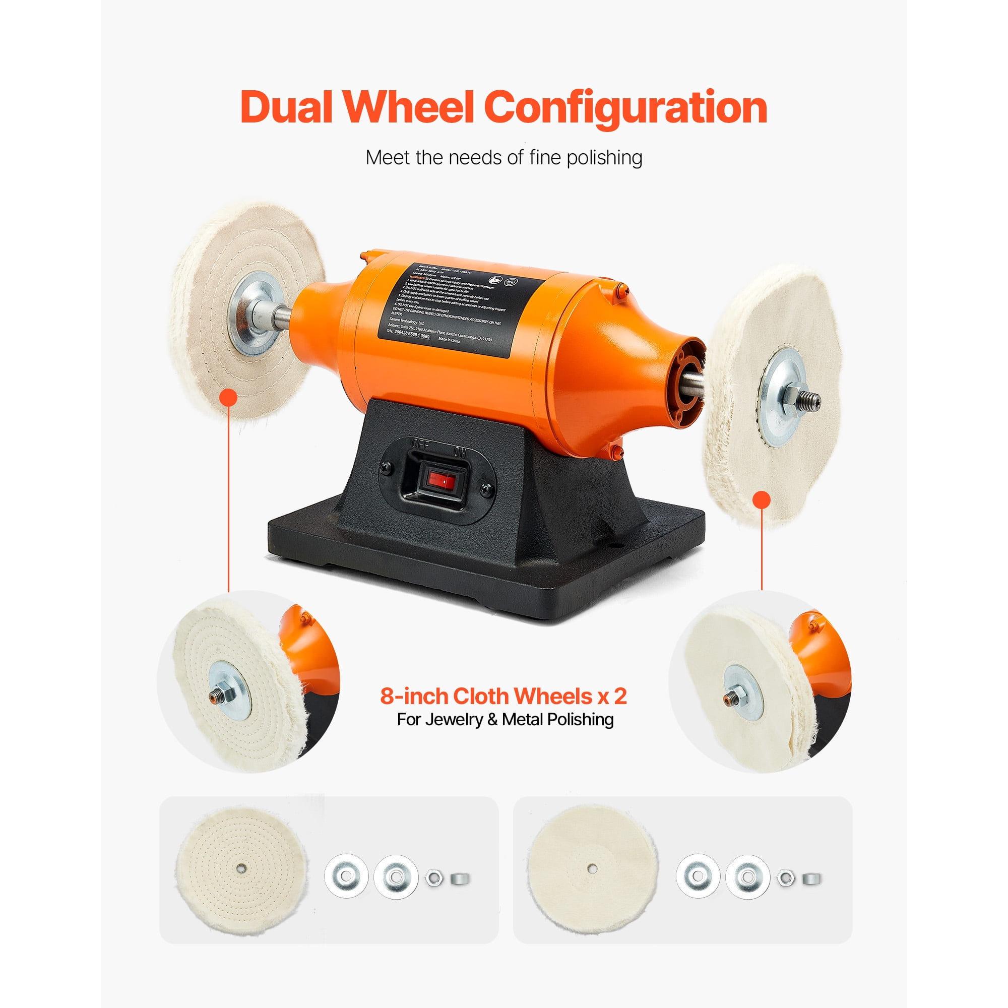 KFFKFF 3/4HP Bench Buffer Polisher, 8-inch Polishing Machine, 3450RPM Single Speed Benchtop Tool with 2 Cloth Wheels & Durable Cast Iron Base for Metal, Jewelry, and Wood Finishing