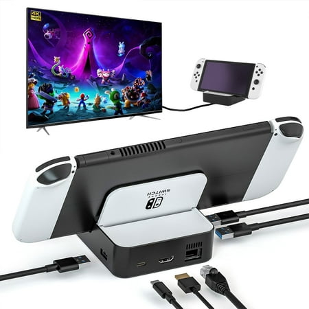 TV Docking Station for Nintendo Switch / Nintendo Switch OLED, 6-in-1 Switch Dock with HDMI 2.0, Ethernet Port, 2 USB-A 2.0, 1 USB 3.0, 100W USB-C Charging Port, Supports YouTube on TV