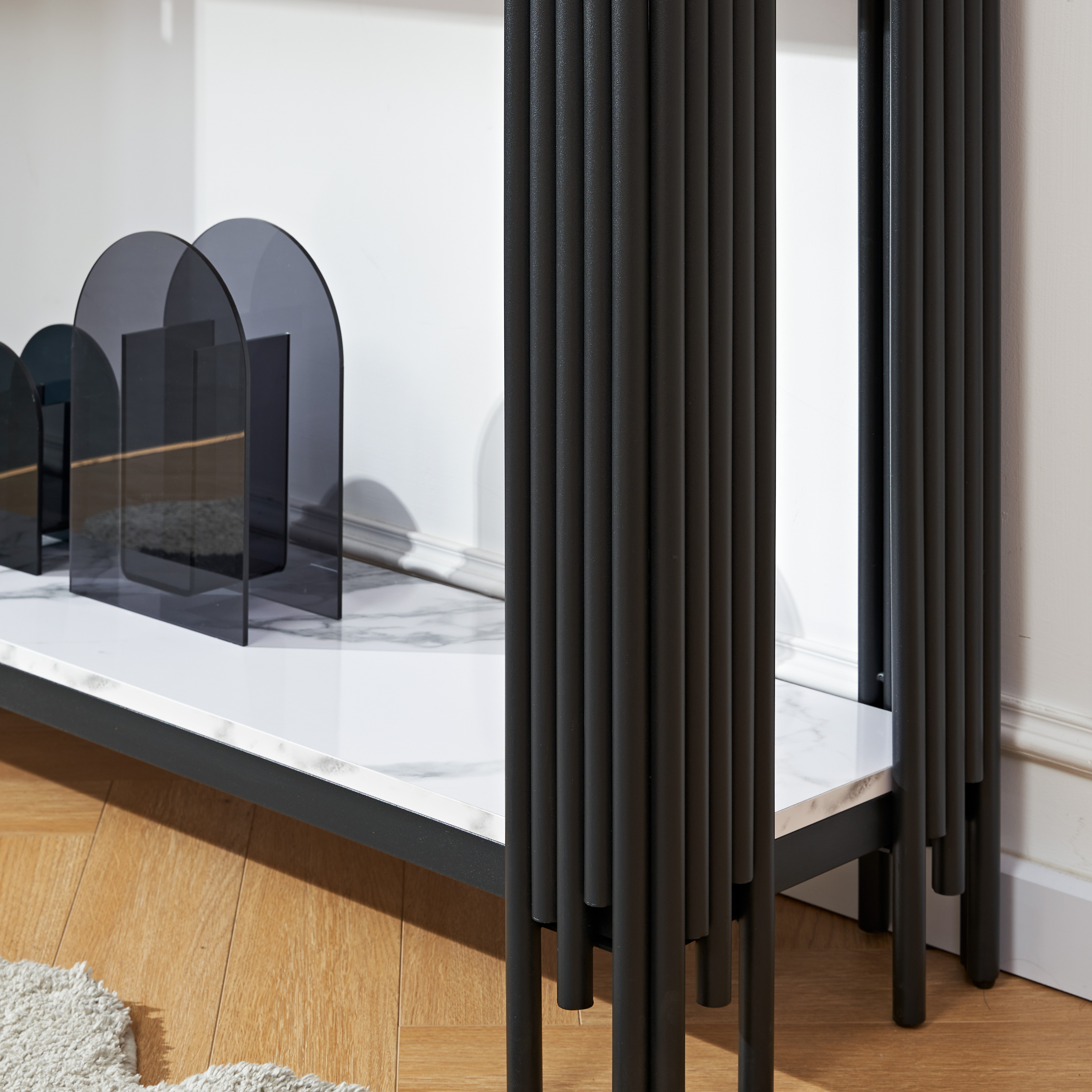49'' 2 Tier Faux Marble Entryway Console Table, Living Room Sofa Entryway Console Table, Modern Narrow Entryway Table, Hallway Entrance Table, Adjustable Feet, for Entrance, Hallway, Black