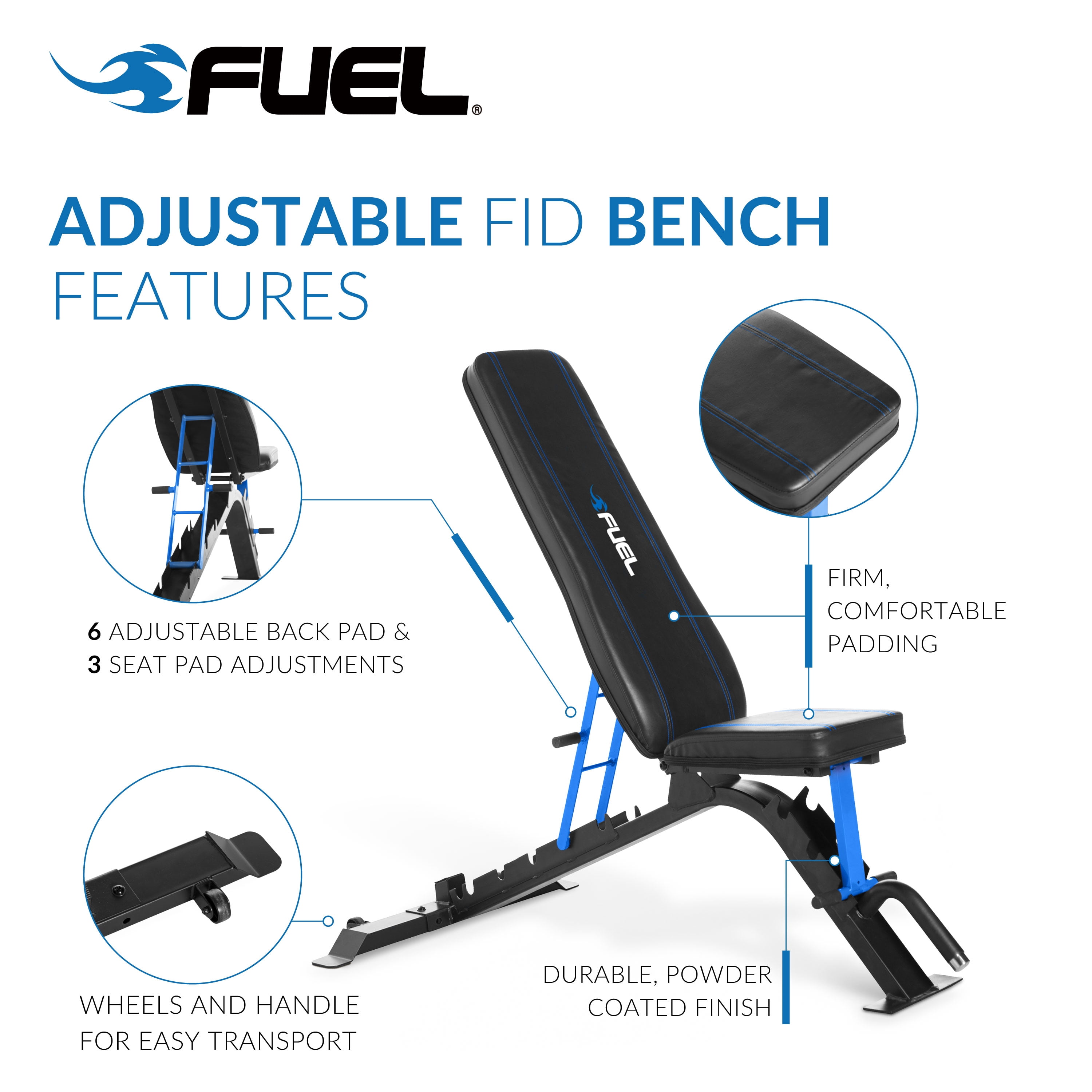Fuel Pureformance Adjustable FID (Flat Incline Decline) Workout Bench, 500lb Capacity