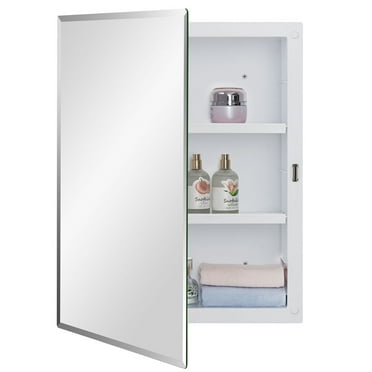 Black Plastic Bathroom Medicine Mirror Cabinet Beveled Edge, 16 x 20 inch, Surface and Recessed Mount
