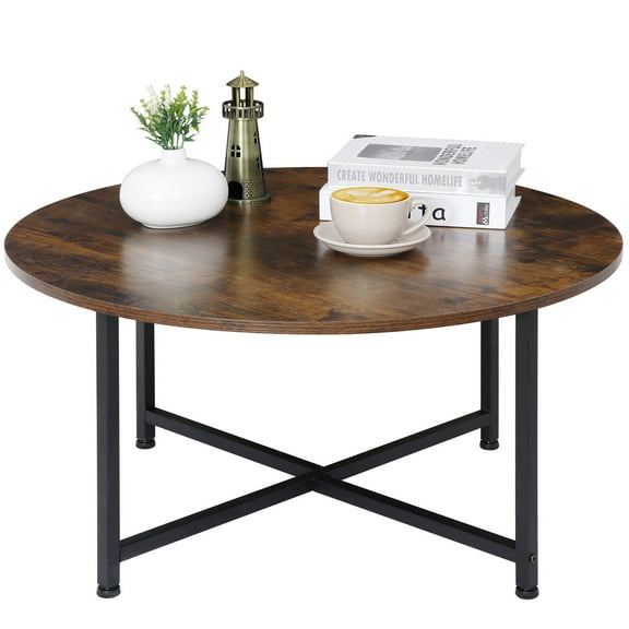 Round Wood Coffee Table Household Top Frame Tea Table Black Home & Office Use