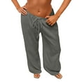 thumbnail image 4 of Cotton Linen Pants Women Flowy Comfy Low Rise Wide Leg Pants Casual Lounge Drawstring Boho Beach Palazoo Trousers Gray L, 4 of 6