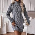 thumbnail image 3 of Women's Sweater Dress Knit Dress Long Sleeve Turtleneck Solid Color Cable Knit Casual Winter Dress for Holiday,Gray,M, 3 of 7