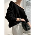 thumbnail image 1 of Suéter de lana marina para mujer, cuello descubierto, parte superior irregular, estilo holgado y holgado, 1 of 5