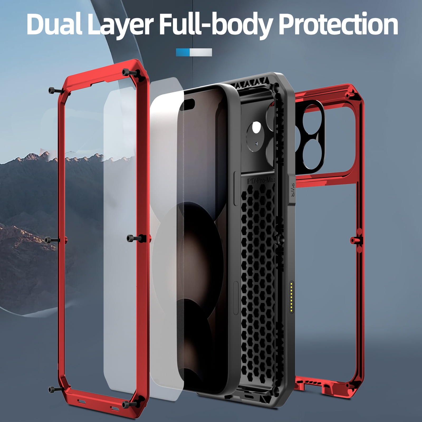 Dteck for iPhone 17 Pro Max (2025) Case, Heavy Duty Metal Full Body Protective Cover Shockproof Aluminum Alloy Cover with Silicone Built-in Screen Protector, Red