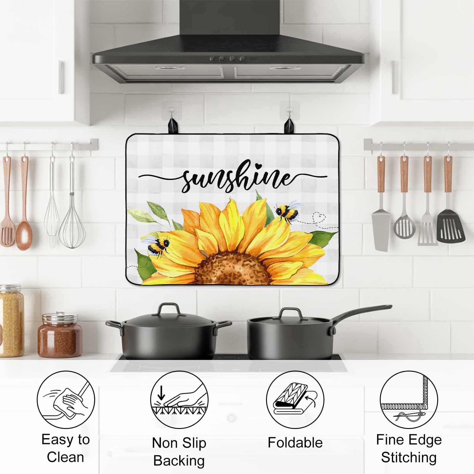 Sunflowers Bees Stove Top Cover for Electric Stove, Heat-proof & Non Slip Glass Top Stove Cover Protector, Grey Check Sunshine Watercolor Floral Kitchen Flat Cooktop Rubber Mat 24x21 Inches