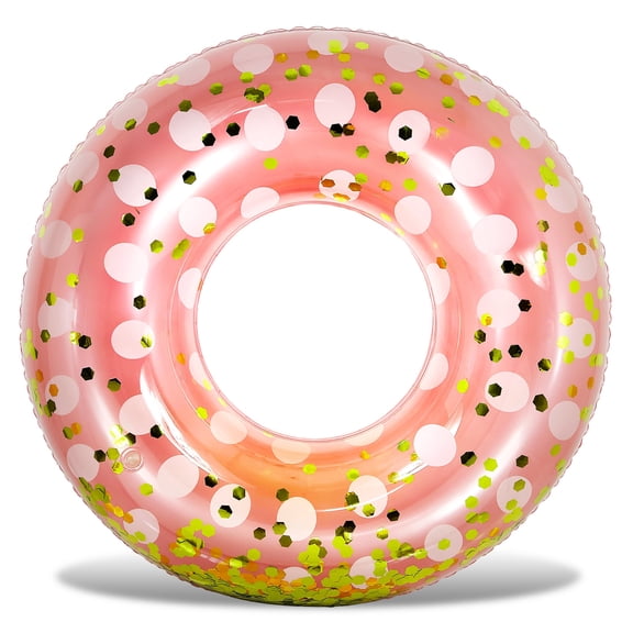 POZA Rose Gold Inflatable Pool Float Tube - Sparkly Confetti-Filled Polka Dot Swim Ring Pool Float Kids and Adults, UV Resistant Vinyl Ring Floatie for Pools, Beaches or Lakes - 36 Inches