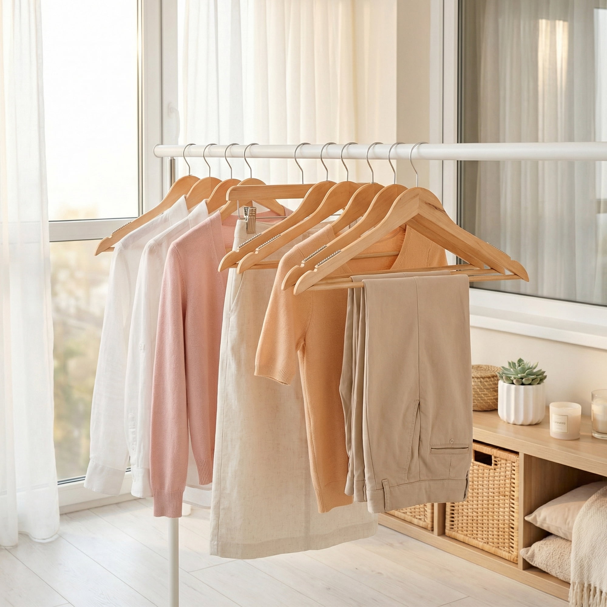 Unique Bargains 2 Pcs Wood Non-Slip Hangers with Clips for Clothing and Pants Natural