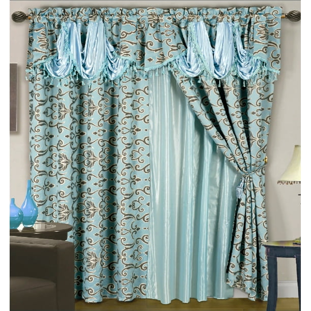 4Pc Luxurious Satin Jacquard Damask Curtain Set Waterfall Valance Blue