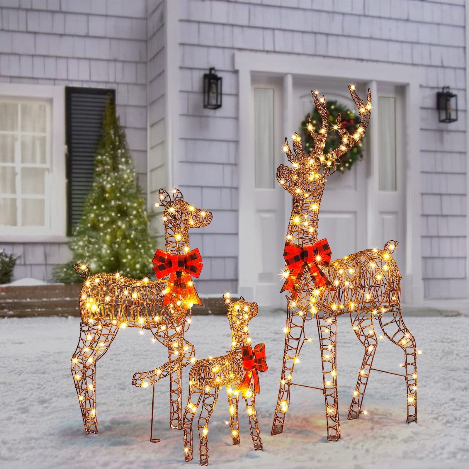 Astoutdoor 3-Piece Lighted Christmas Reindeer Family Set, Weather-Resistant Rattan, 290 Warm White LED Lights, 5 ft, White