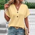 thumbnail image 3 of V Neck Tops for Women Batwing Sleeve Pure Color Fashionable Casual Breathable Button Short Sleeves Tops for Daily Office Yellow XXL, 3 of 6