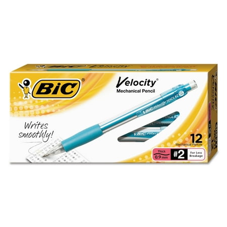 BIC Velocity Latex-Free Mechanical Pencils with Cushioned Grips and Erasers, 0.9 mm Tips, Aqua, Pack of 12