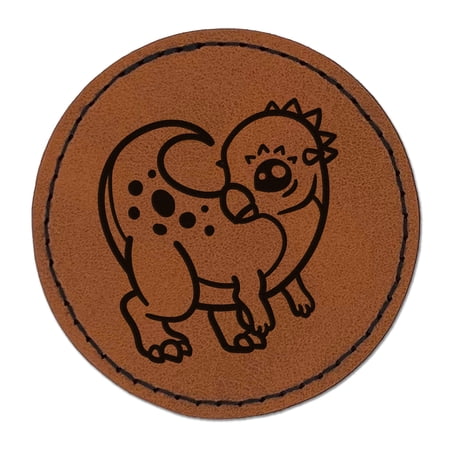 Chibi Pachycephalosaurus Dinosaur 2.5" Faux Leather Round Engraved Iron-On Patch - Brown