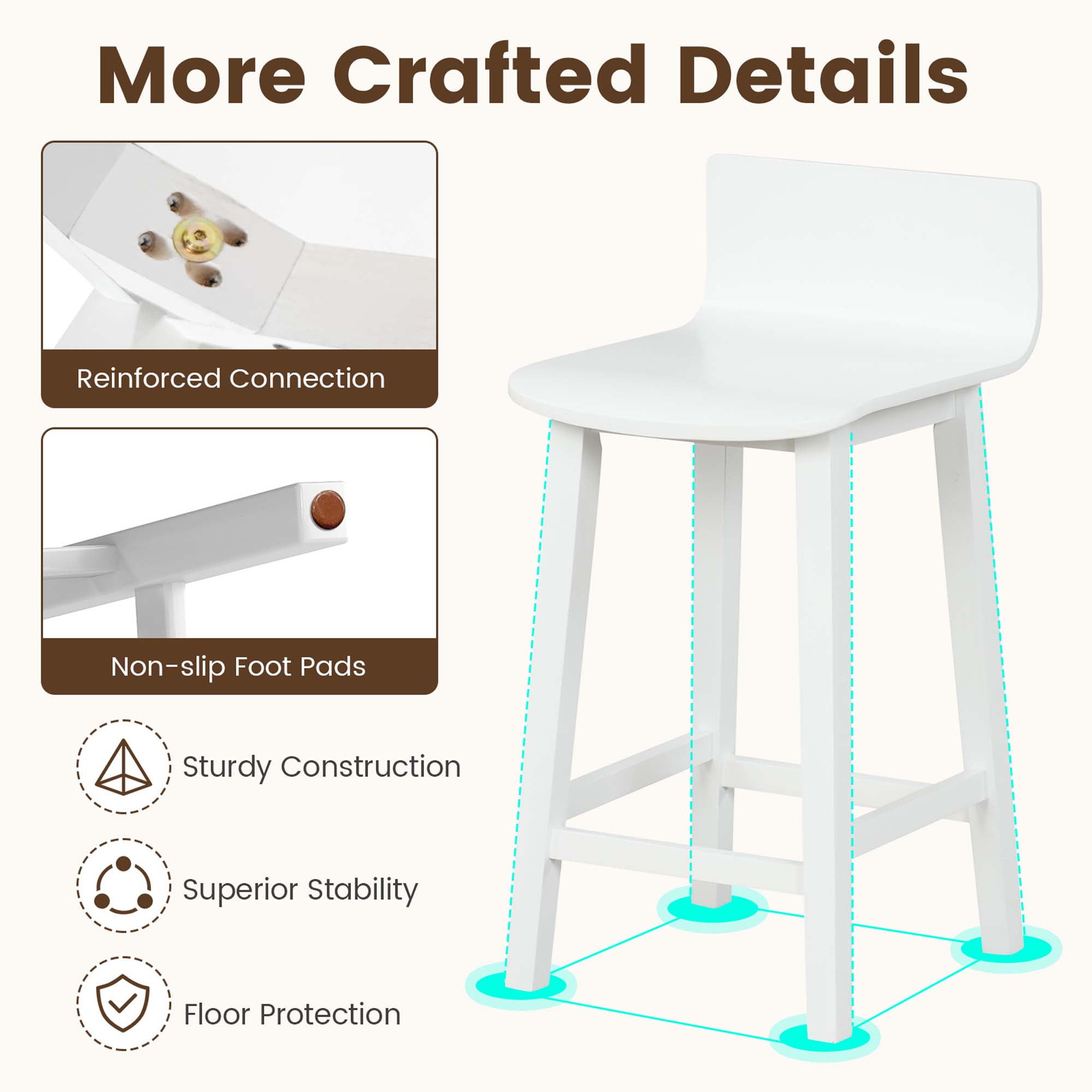 Costway 24.5" Wood Bar Stools Set of 2 with Solid Back & Seat Mid Century Bar Chairs White