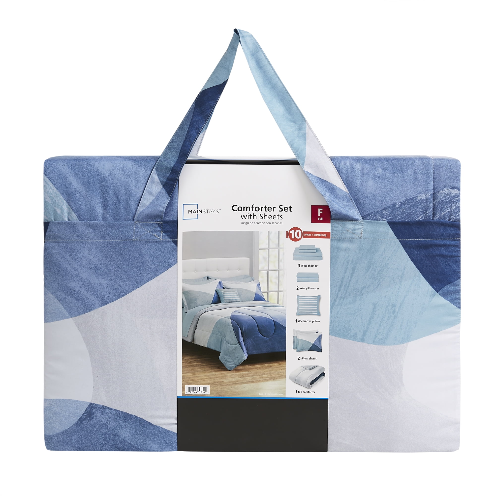 Mainstays 10 Piece Blue Color Block Bed in a Bag Comforter Set with Sheets, Full  (图3)