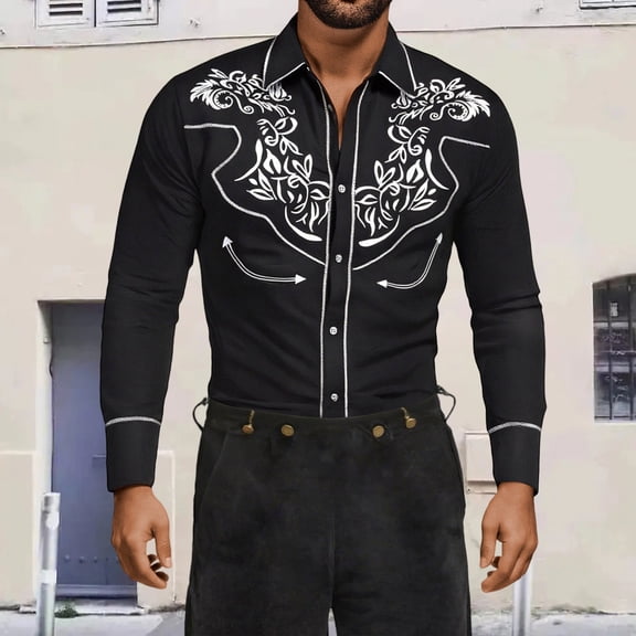 Retro Cowboy Western Shirt Mens Long Sleeve Button Down Shirts Halloween Party Tops White XXXL