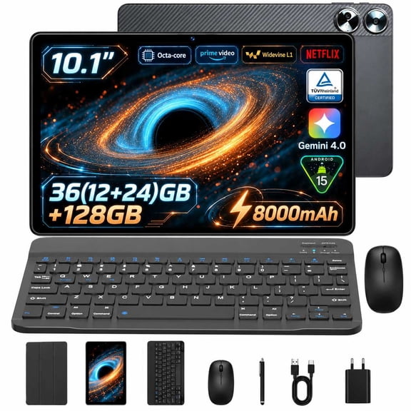 Android Tablet 10.1 inch, Tablet with Keyboard Mouse Stylus Case with Stand 36GB RAM 128GB Storage Octa Core 1.8GHz 1280x800 HD Display WiFi 6 Bluetooth 5.4 8000mAh Battery 13MP Rear Camera Gray