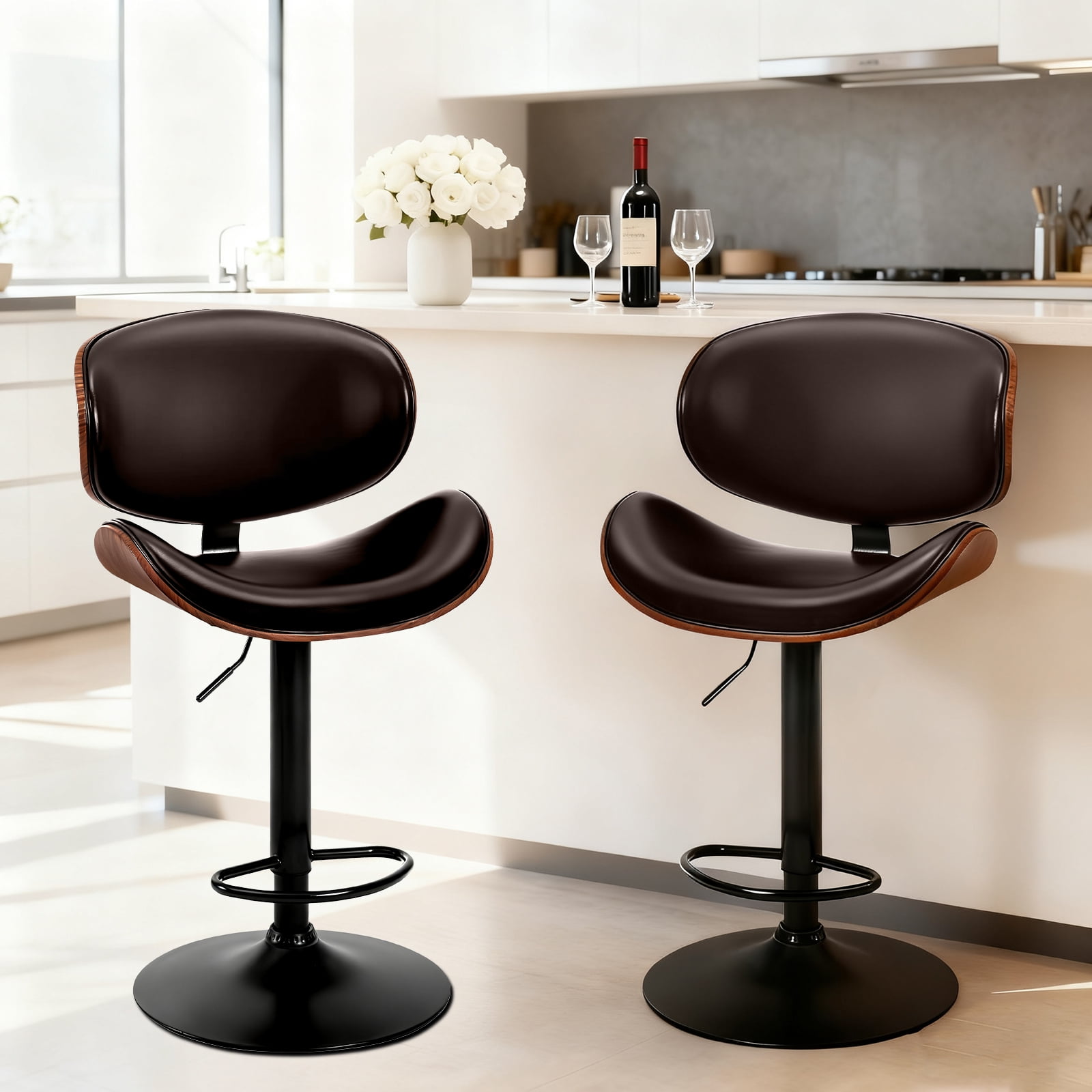 EDX Bar Stools Set of 2 for Kitchen Counter, Adjustable Bentwood Barstools, Modern PU Leather Upholstered Bar Chair with Back and Footrest, for Bar, Kitchen, Dining Room, Brown