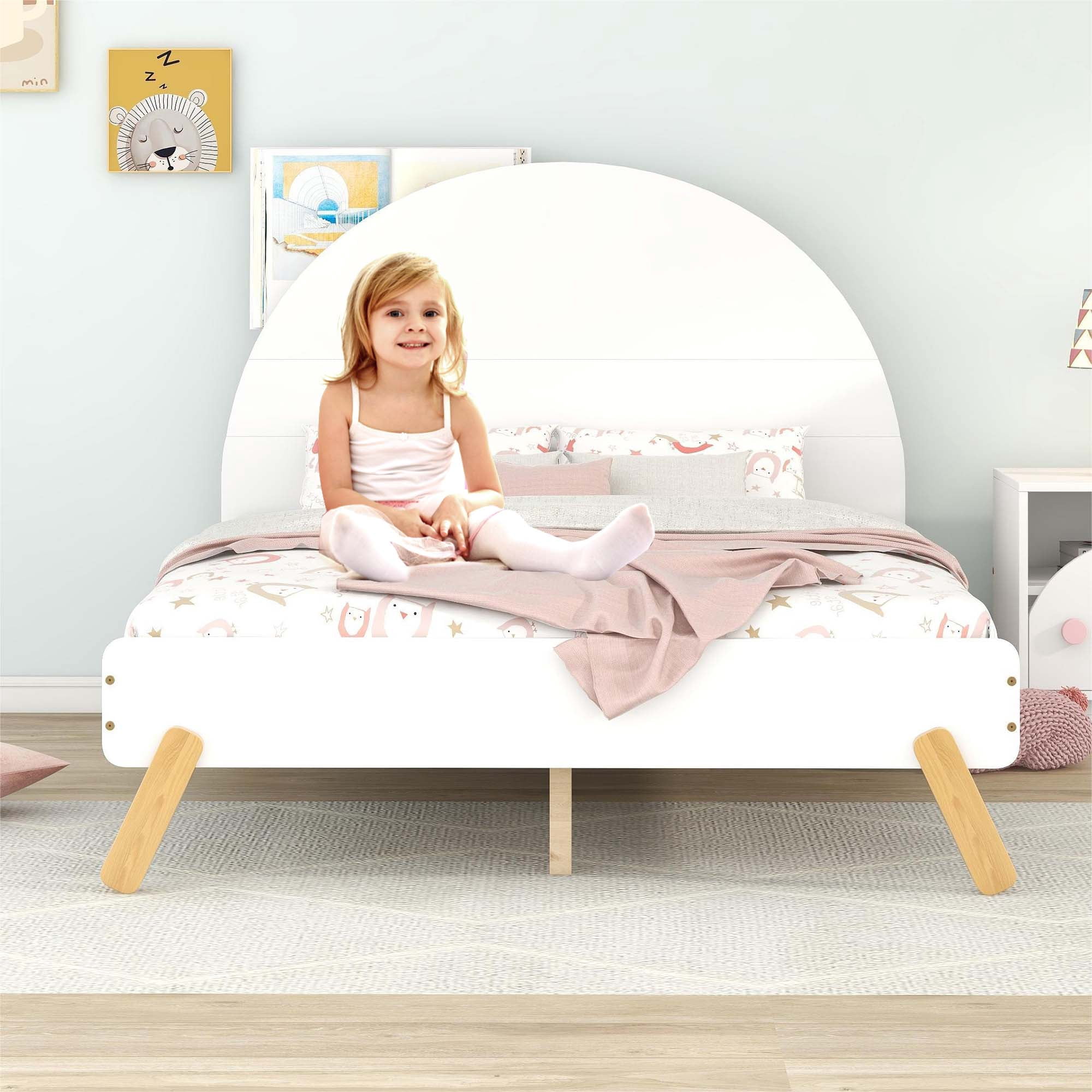 Aukfa Platform Bed for Kids, Full Size Bed Frame with Semi-circular Headboard, Wooden - White