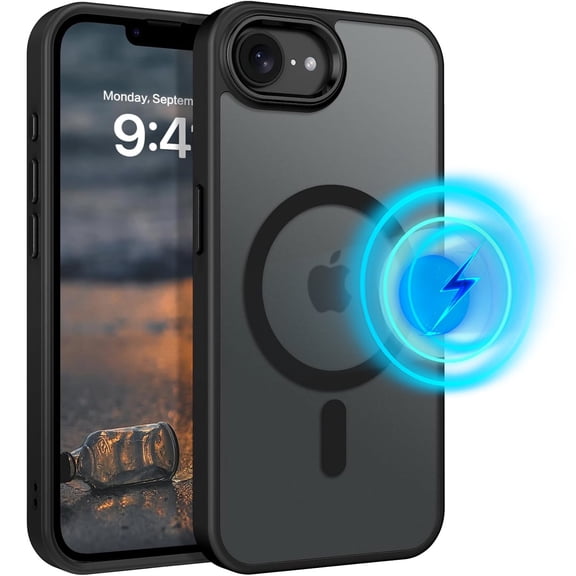 TJS Phone Case for iPhone 17e / iPhone 16e, Magnetic Ring Translucent Protective Cover (Black)