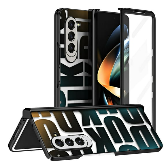 Case for Samsung Galaxy Z Fold 5 5G, Z Fold 5 Case Clear Plating PC Cover with Hinge Protection, Build-in Tempered Glass Screen Protector Anti-fingerprint Full Body Protection, Black