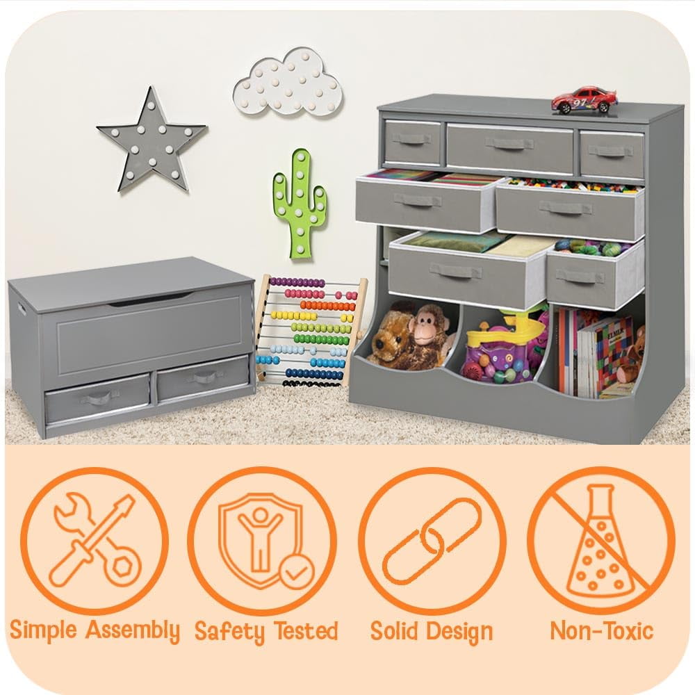 Kids Toy Box Bench - Wooden Chest with Flip-Top Lid, Safety Hinges & 4.5 Cubic Feet Storage Capacity - Stylish Storage Organizer for Toys, Books & Nursery Essentials - Grey