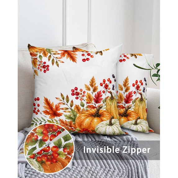 Pumpkins Fall Throw Pillow 16x16 Inch, Thanksgiving Maple Leaves Botanical Retro Waterproof Outdoor Pillow Covers with Insert, Decorative Pillowcase Cushion for Couch, Sofa, Bed, Patio, Garden