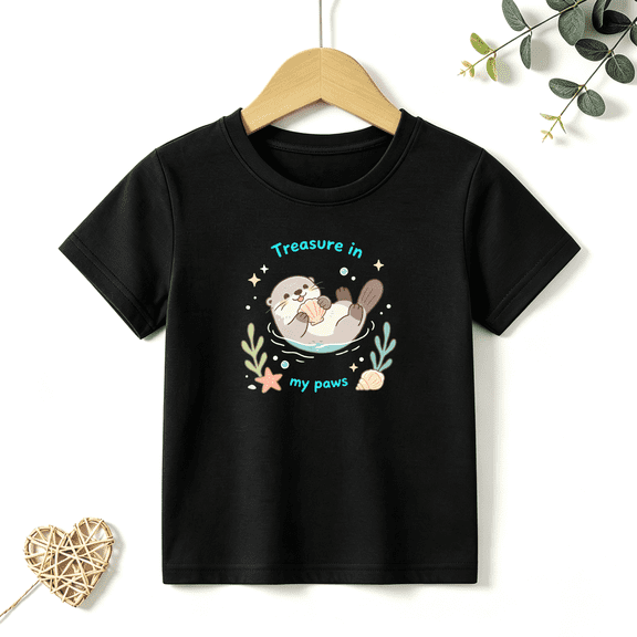 Girls Graphic Tees Otter Treasure In My Paws Cartoon Kids T Shirt Ocean Cute Tee 100% Cotton Short Sleeve Soft Tops 4-13Y