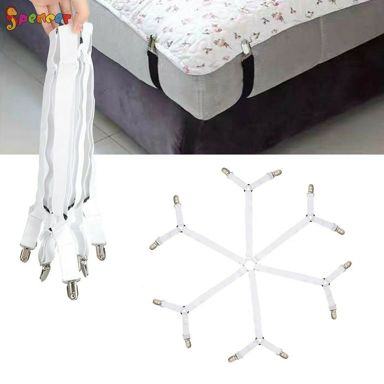 Spencer 3 Way 6 Sides Long Crisscross Adjustable Bed Sheet Gripper Corner  Straps Bed Mattress Fitted Sheet Clips Elastic Suspenders Fasteners White