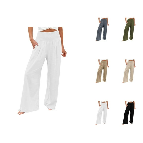 Womens High Waist Pockets Elastic Waist Solid Loose Pants Casual Long Trousers Womens Capris