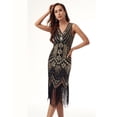 thumbnail image 4 of Vestido con escote en V, flecos, lentejuelas y cuentas de los años 20 de FEPITO, con conjunto de accesorios de los años 20, 4 of 5