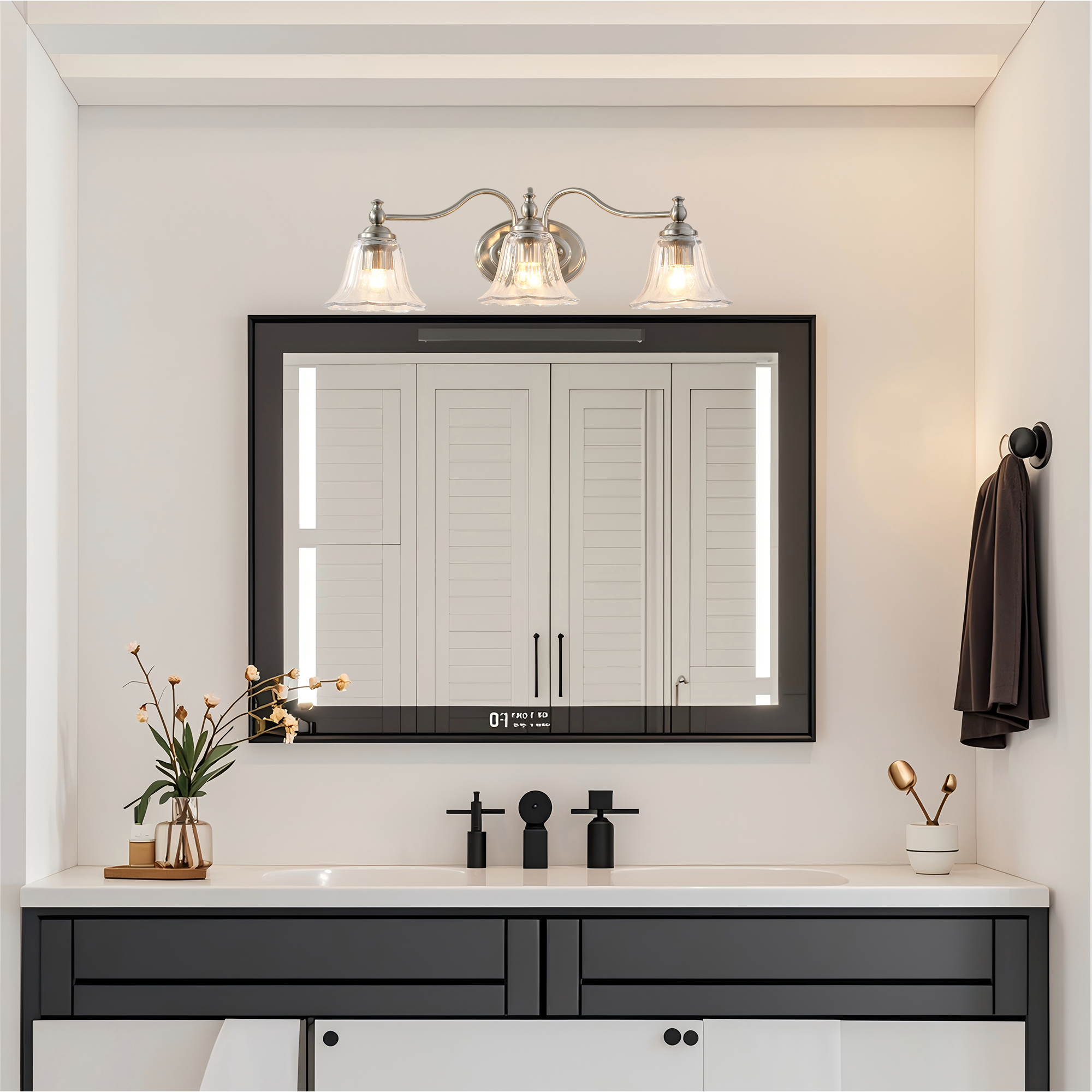 Brushed Nickel Vintage 3-Light Vanity Light, Bathroom Mirror Light with Floral Glass Shades, Farmhouse Wall Sconce for Bedroom