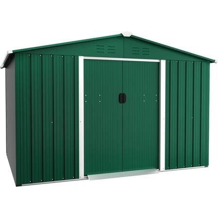 Crownland Outdoor 6 x 8 Feet Storage Shed Backyard Garden Vented Tool House with Sliding Door Outdoor Lawn Steel Roof Sheds (Green)