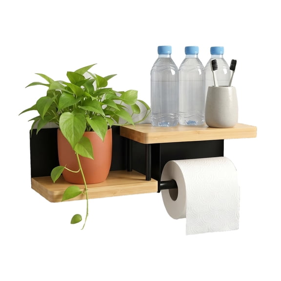Wall Mount Toilet Paper Holder with Wood Shelf – Matte Black Steel Pipe for Bathroom, Washroom