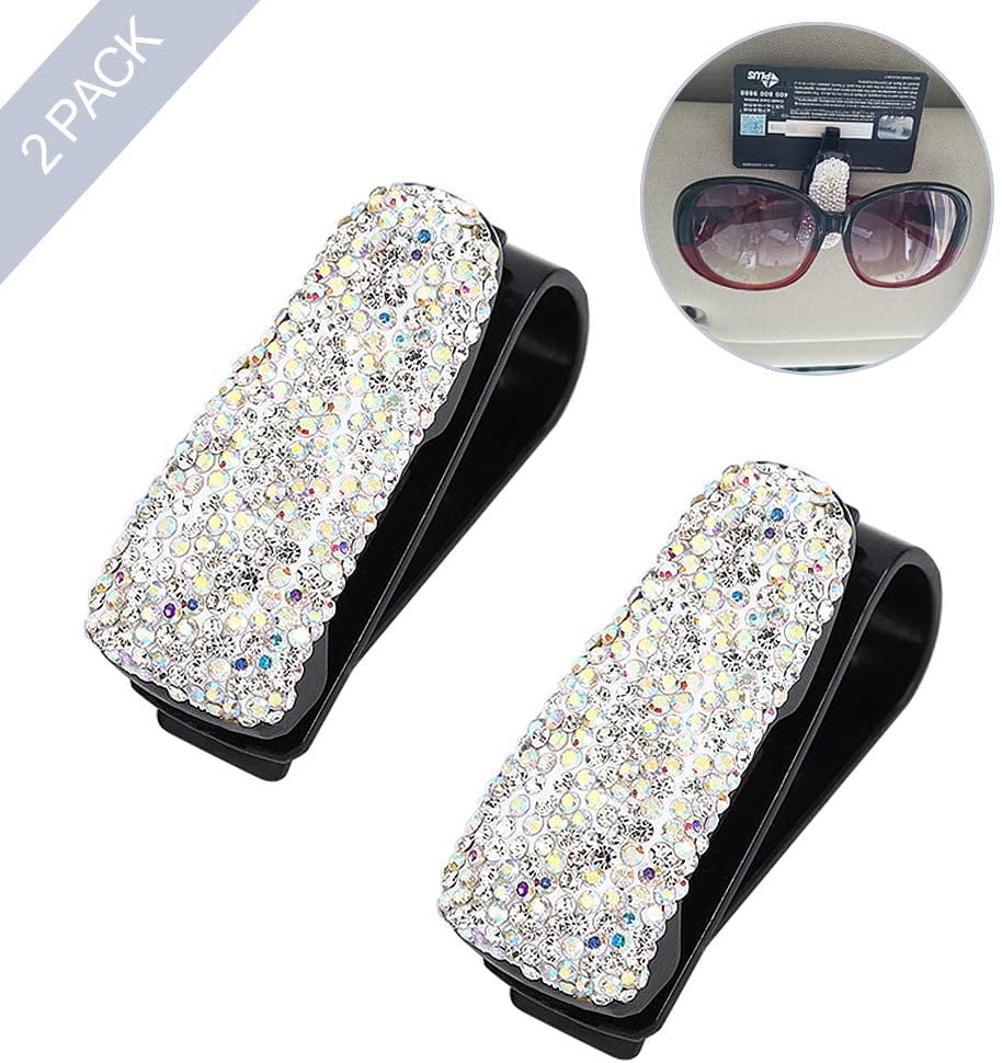 Bling Bling Diamond Sunglasses Eyeglasses Mount with Ticket Card Clip Glasses Holders for Car Sun Visor 2 Pack 