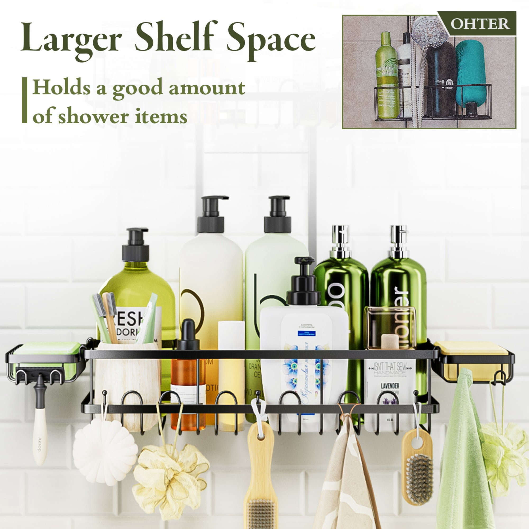 SHINGONE Shower Caddy Hanging: Adjustable Height Organizer for over Showerhead - Black Rustproof Shower Shelves with Hooks & 2 Soap Holders