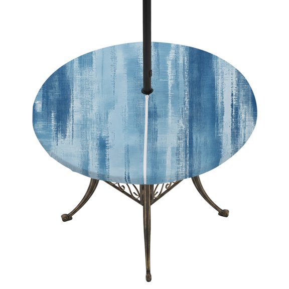 Round Outdoor Tablecloth with Umbrella Hole and Zipper, Light Blue Ombre Tablecloth with Elastic Waterproof, Modern Abstract Art Oil Painting Patio Table Covers for 36" - 44" Picnic Pool Tables