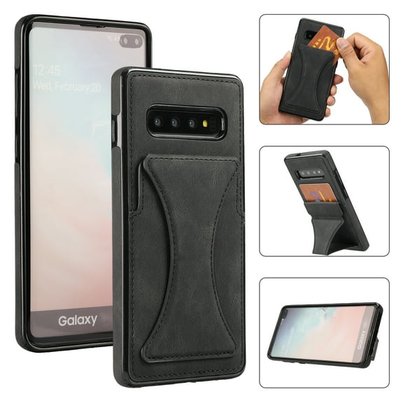 TOP SHE Case for Samsung Galaxy S10 (SM-G973) Cell Phone (6.1 Inch) - Synthetic Leather Protective Case with Card Slot / Kickstand, Slim Fit Lightweight Simple Fashion Cover (Black)