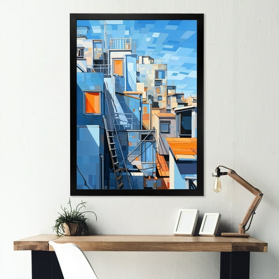 Designart "Mexico's Colorful Village Charm I" Architecture Framed Wall Art - Industrial Blue Solar Panels Bedroom Framed Canvas Wall Art