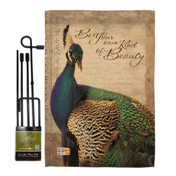 Breeze Decor BD-BI-GS-105043-IP-BO-D-US13-PL 13 x 18.5 in. Peacock Garden Friends Birds Impressions Decorative Vertical Double Sided Flag Set with Banner Pole
