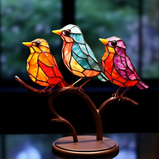 Stained Glass Birds On Branch Desktop Ornaments,Metal Flat Vivid Birds Decorations On Branch,Double Sided Multicolor Hummingbird Craft Statue Table Gift for Bird Lovers