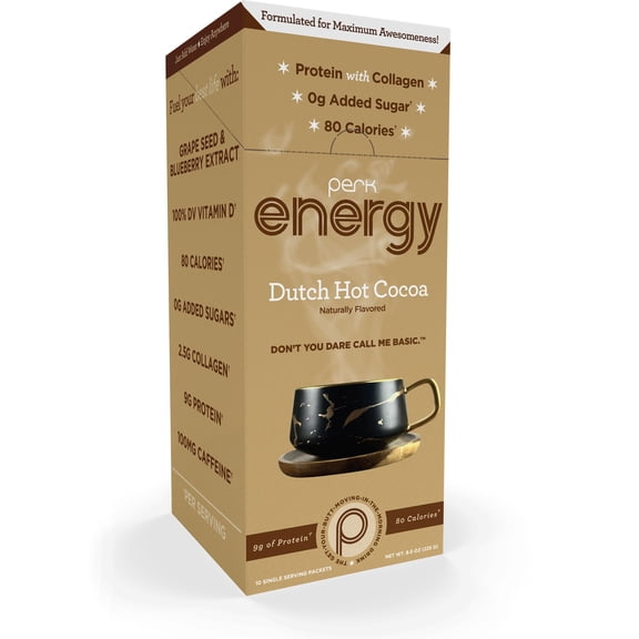 Perk Energy Drink Mix (Dutch Hot Cocoa) 10 Stick Packs - Caffeinated Healthy Coffee Alternative with Protein, 100mg of Caffeine, Gluten-Free, Soy-Free