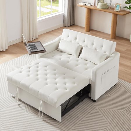 3 in 1 Convertible Futon Loveseat Sofa Pull Out Couch Bed , Comfy Velvet Upholstered Sleeper Love Seat Chaise Lounge Pullout Sofabed Reclining Backrest &Hidden Table for Living Room Small Places
