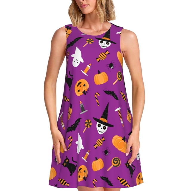 Bixox Robe Sans Manches Imprimée Halloween2 pour Femmes avec Poches, Robe Décontractée Longueur Genou pour l'Été-Moyen