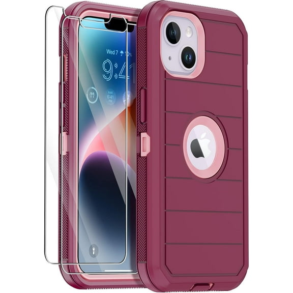 for iPhone 14 Plus Case with 2 Screen Protector, Heavy Duty Drop Protection Shockproof Rugged 3-Layer Military Tough Durable Protective Cover for Apple iPhone 14 Plus 6.7" Burgundy